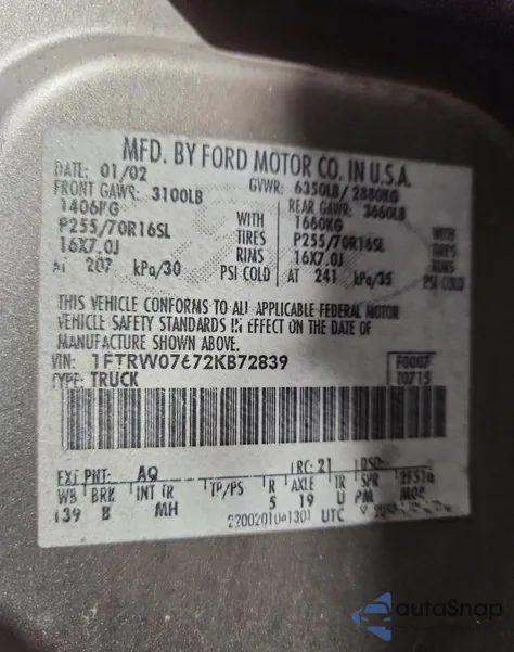 2002 Ford F150 Supercrew из США, поврежденный, VIN 1FTRW07672KB72839